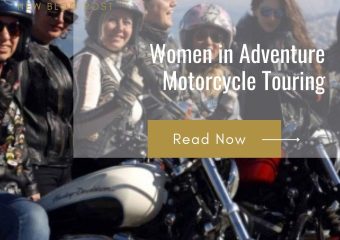 Women adventurers on their motorcycles, riding through a scenic mountainous landscape, exemplifying the spirit of women in adventure motorcycle touring