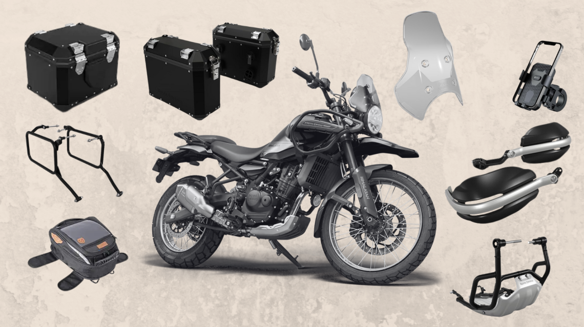Fully loaded Royal Enfield Himalayan 450 rental bike parked in Delhi with panniers and top box
