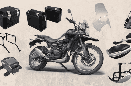 Fully loaded Royal Enfield Himalayan 450 rental bike parked in Delhi with panniers and top box