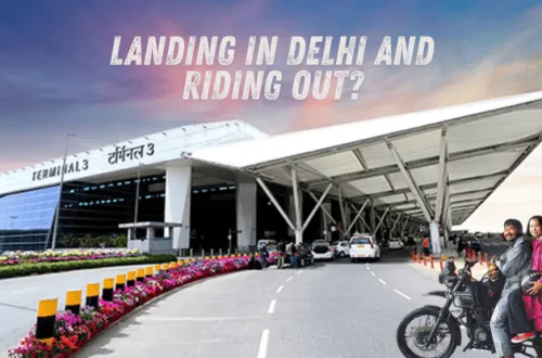 Traveler on a motorcycle ready to rent motorcycles near Delhi Airport for a hassle-free start to their journey.