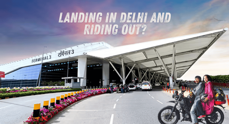 Traveler on a motorcycle ready to rent motorcycles near Delhi Airport for a hassle-free start to their journey.