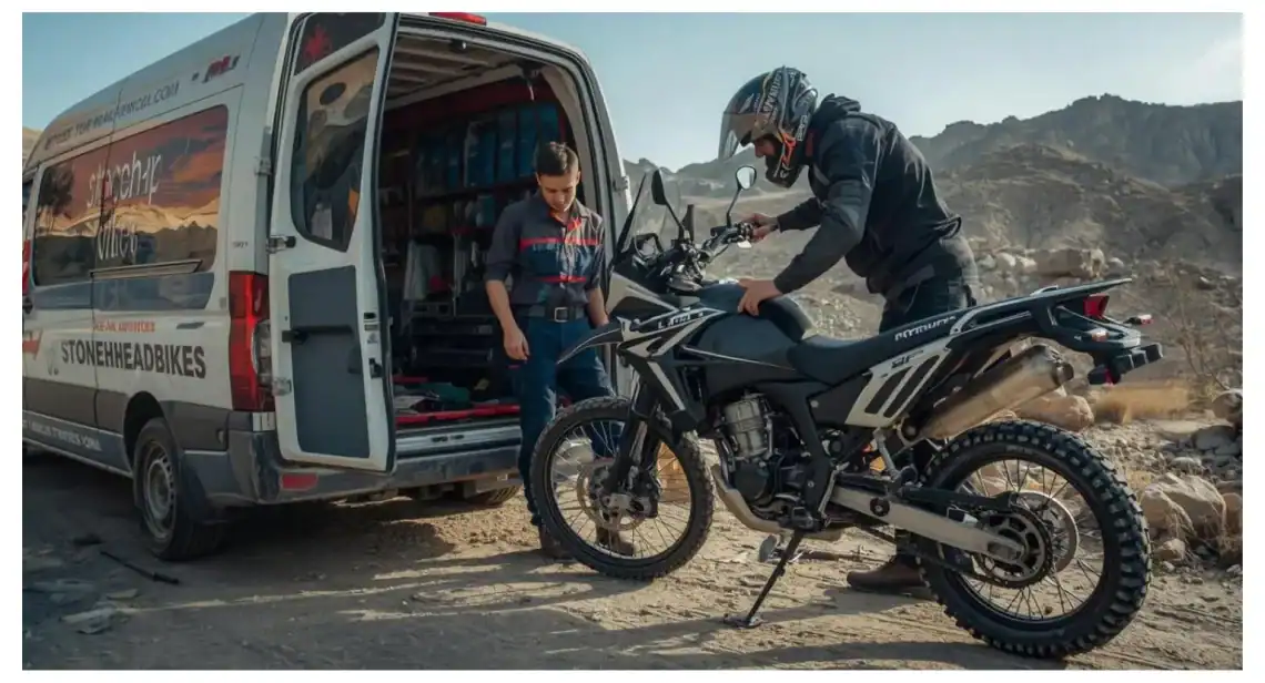 Stoneheadbikes mechanic providing Motorcycle roadside assistance (RSA) in India to a rider on a Royal Enfield Himalayan 450 along the Manali-Leh highway.