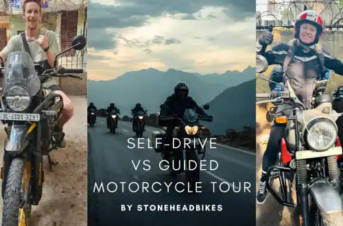 Self-drive vs guided motorcycle tour India — foreign rider comparing a solo Royal Enfield ride with a guided Himalayan group tour